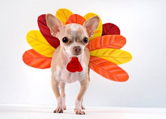 little chihuahua dressing like a turkey for thanksgiving